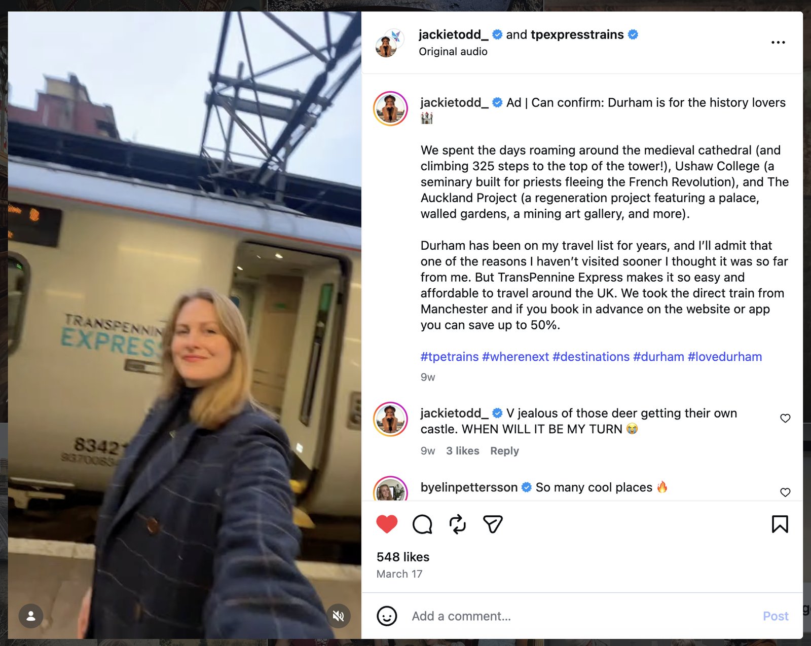 Jackie Todd's paid partnership post with TransPennine Express