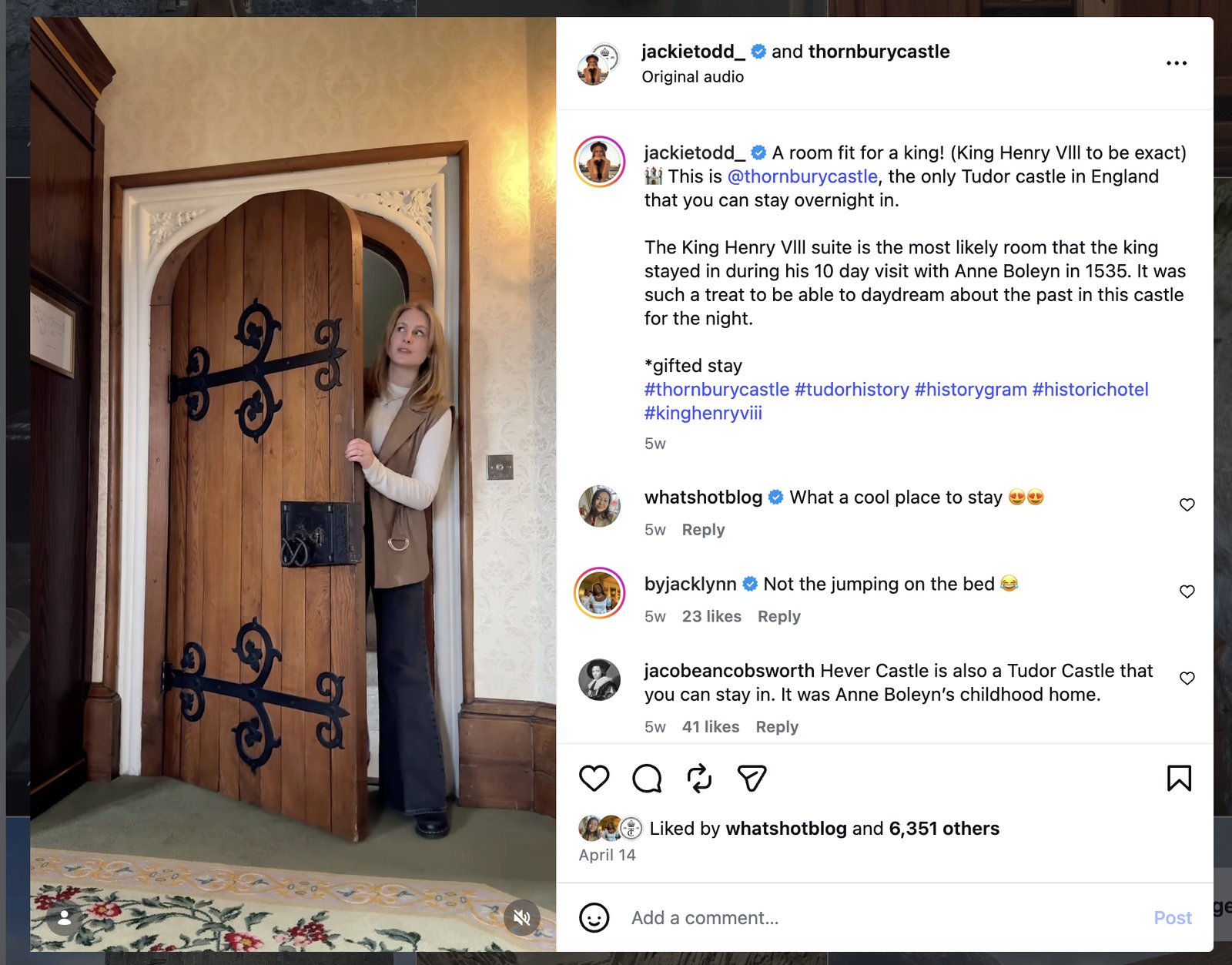 Jackie Todd's Instagram brand post at Thornbury Castle